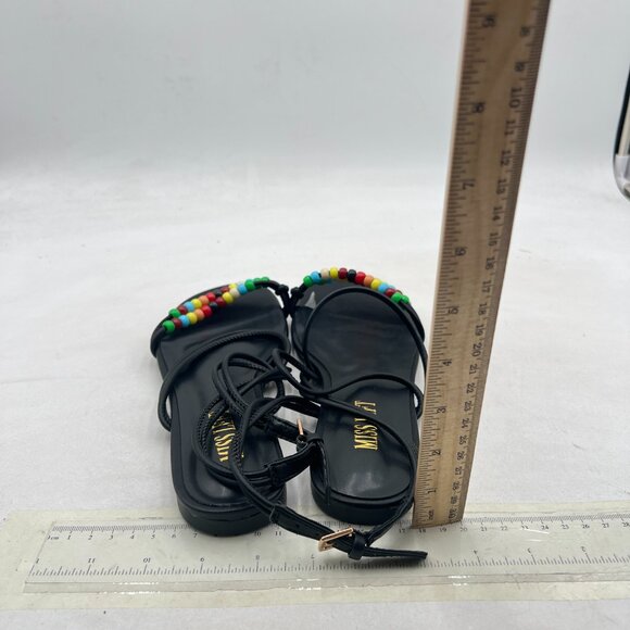 miss left Black Beaded Flat Ankle Strap Open Toe Slide Sandals Lace up Sandals - Picture 5 of 8